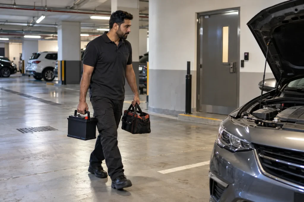 Mobile technician carrying a replacement car battery toward a vehicle in basement parking