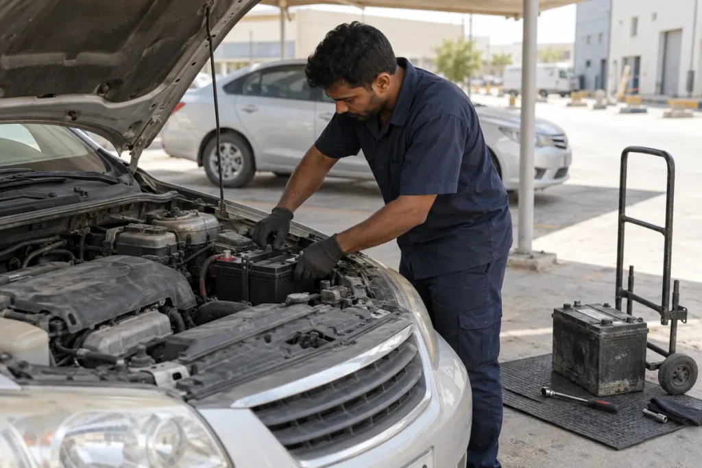 Mobile technician fitting a 12V car battery to a business vehicle at a Dubai parking location