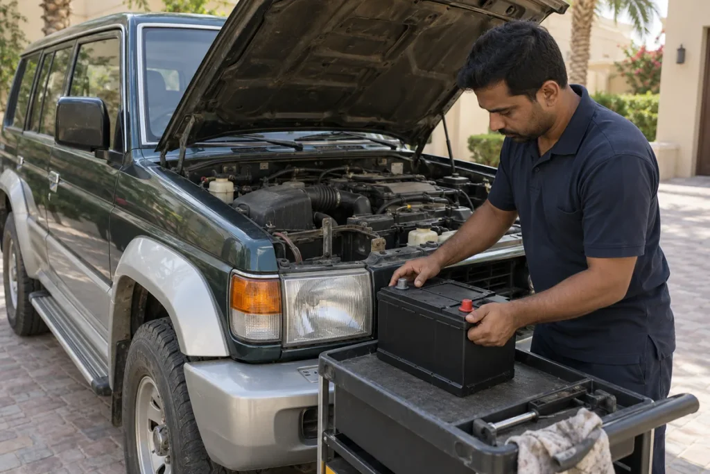 Pajero battery replacement in Dubai with technician checking 12V battery size and terminal position