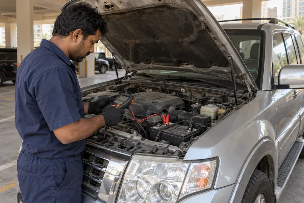 Pajero battery replacement in Dubai begins with a technician testing the 12V battery