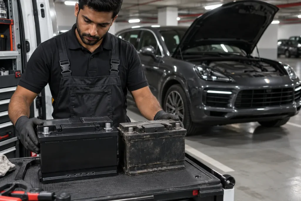 Technician comparing 12V battery dimensions beside a Porsche Cayenne in a Dubai parking bay, Porsche battery replacement in Dubai