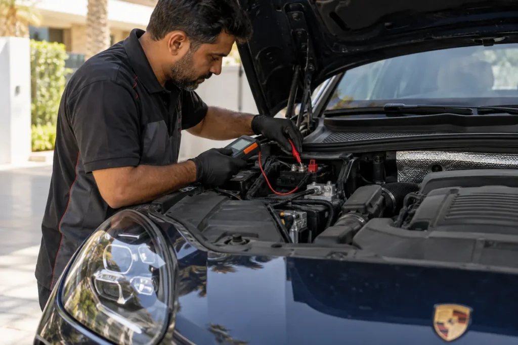 Porsche battery replacement in Dubai technician testing a Macan 12V electrical system