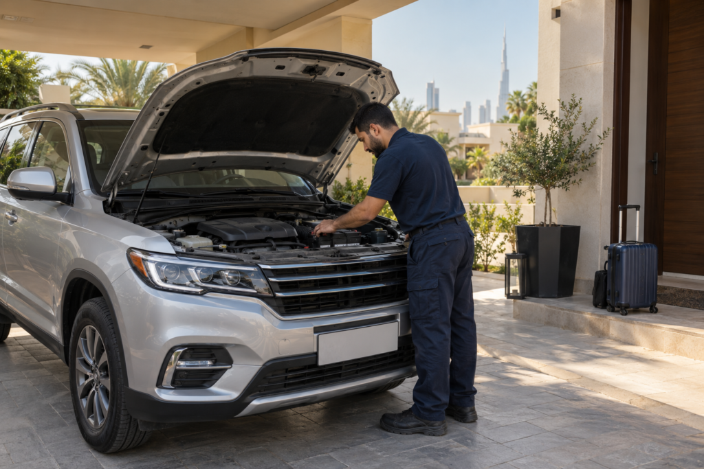 Technician checking an SUV battery before a trip in Dubai